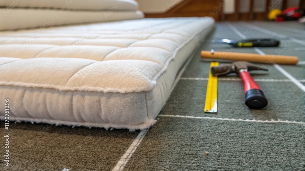 Poster A macro shot that captures the fluffy cushioned layers of padding accented by the faint outline of installation tools such as a knee kicker and a chalk line which hint at the