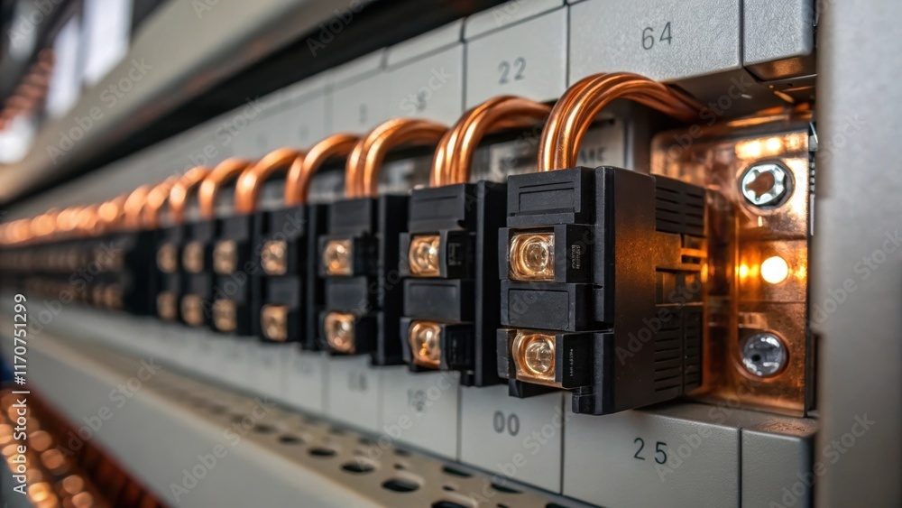 Poster A macro view of a circuit breaker panel illuminated by soft ambient light highlighting the intricate detailing of the metal latches and the glossy finish of the wire connections.