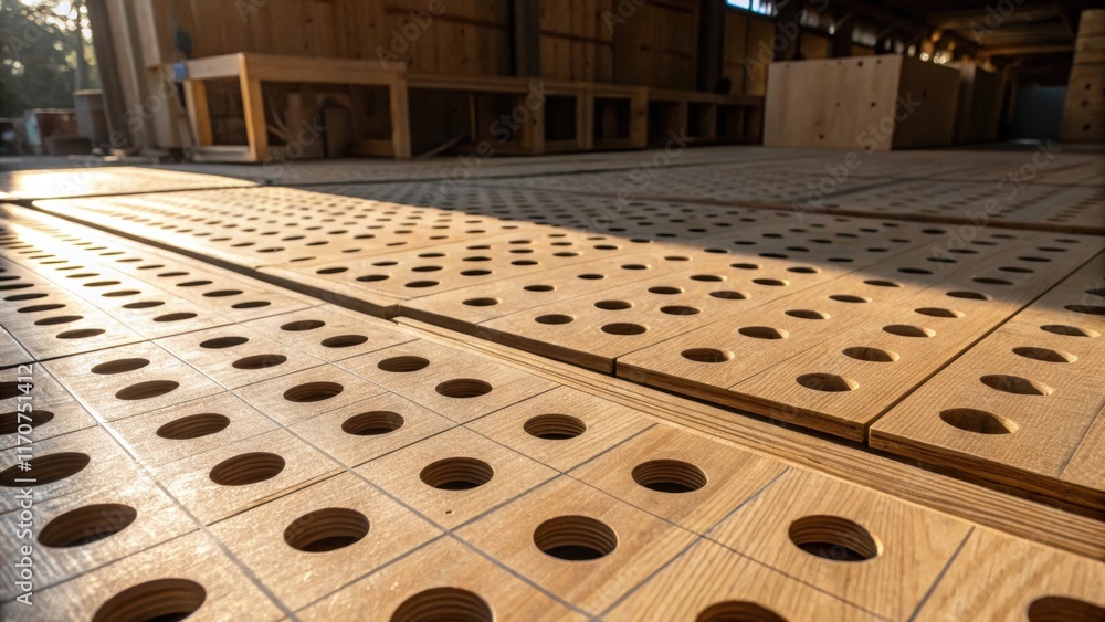 Poster An abstract angle of plywood sheets capturing the interplay between light and shadow created by predrilled holes. The patterns formed by the holes create an intriguing visual