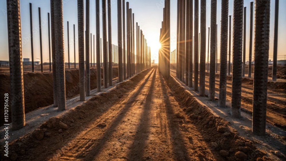 Leinwandbilder an angle capturing the sunlight filtering through the gaps between arranged steel piles casting intr