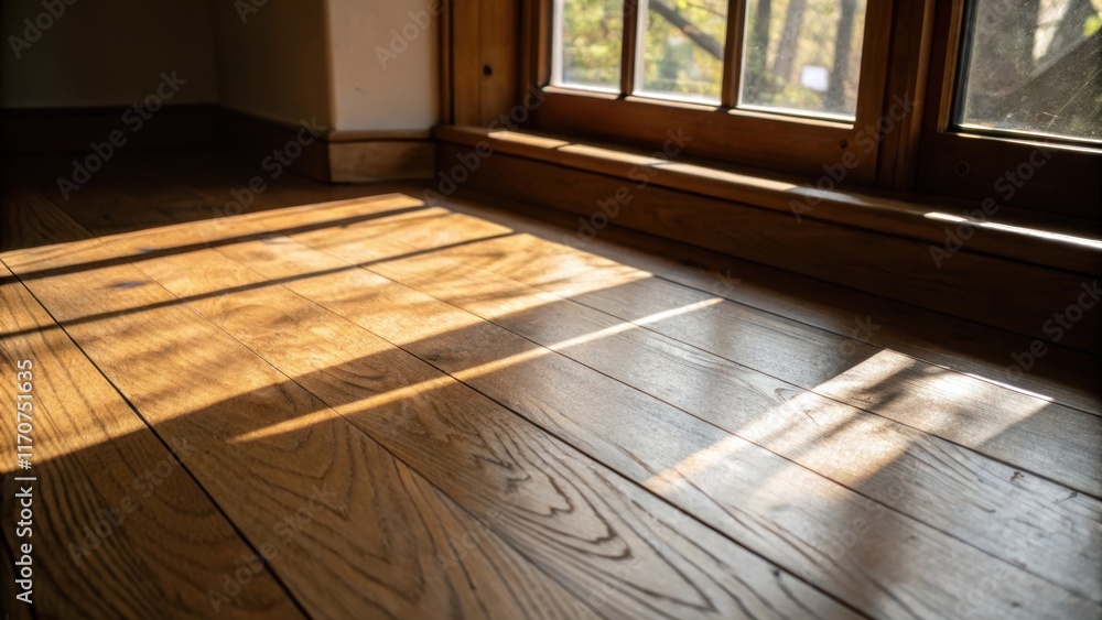 Poster an angled closeup of the plywood floor illuminated by sunlight filtering through a nearby window cas