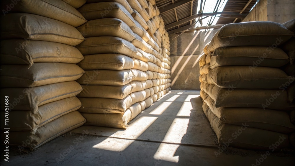 Poster an angled shot conveying the stacked cement bags from a lower perspective emphasizing their imposing