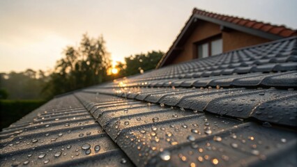 An angle capturing the glistening surface of the underlayment with droplets of dew reflecting morning light. In the background the pitched roof looms with intricate lines and