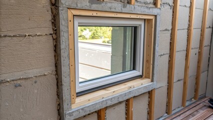An angled perspective of the window installation area showcasing the shims protruding outwards from the frame their varying thicknesses evident. The textured surface of the wall is
