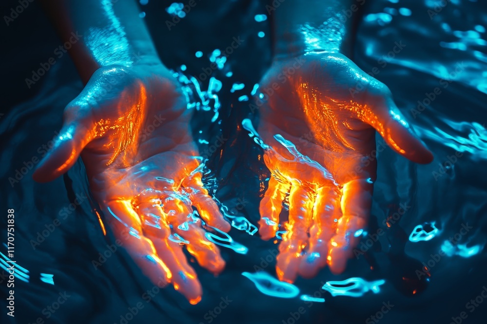 Aufkleber glowing hands in water creating ripples of light and reflection