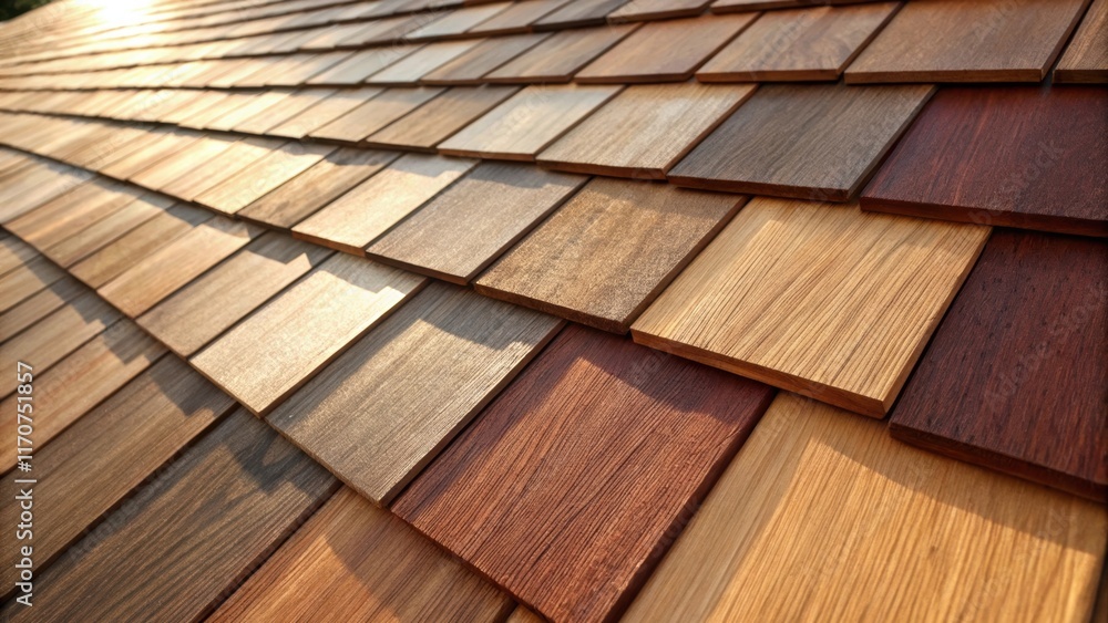 Aufkleber An array of cedar shingles arranged in perfect alignment reveals the intricate texture of each piece. The sun casts soft shadows between the layers accentuating the rich variations