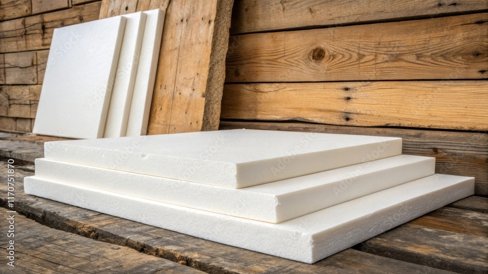 Aufkleber An arrangement of foam insulation sheets against a rustic wooden backdrop where the smooth synthetic material juxtaposes with the rough textured wood. The interplay of materials