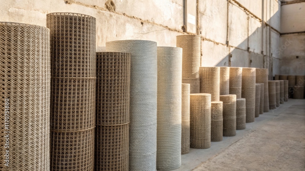 Aufkleber An array of mesh rolls stacked artistically against a roughhewn wall their neutral tones blending seamlessly with the construction environment. The sun casts soft shadows creating