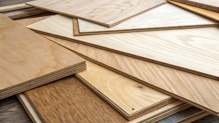 An arrangement of variously sized plywood sheets overlapping each other with thin gaps revealing glimpses of the underlying surfaces creating a dynamic composition that celebrates