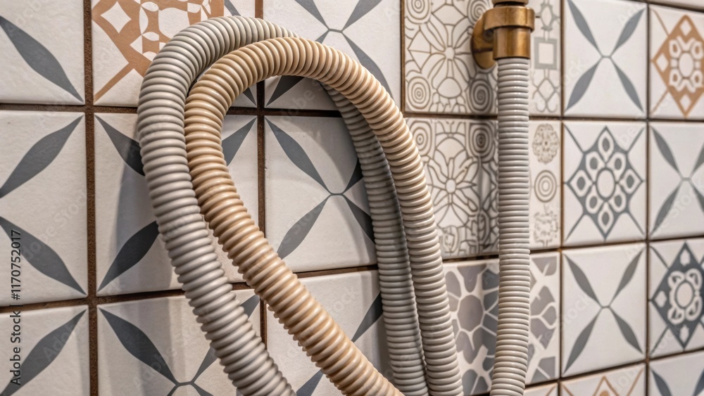 Poster An artistic angle capturing the coiled flexible drain pipes against the backdrop of a chic backsplash featuring geometric patterns their gentle curves creating an unexpected rhythm