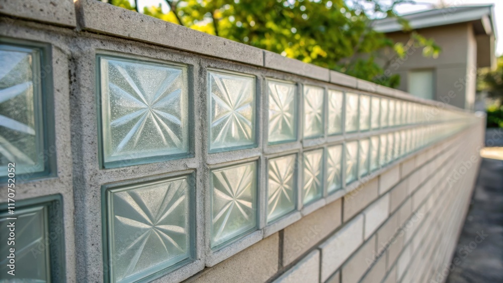 Poster An artistic angle capturing the edges of glass blocks seamlessly adjoined highlighting the mortar work that secures them in place. The geometric precision of the layout creates a
