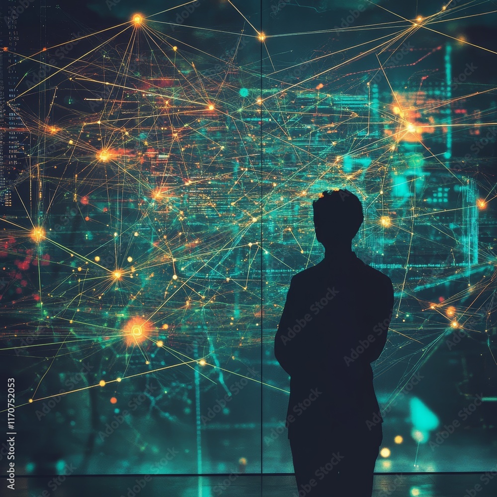 Poster silhouette of a person watching a glowing data network visualization on a modern digital display