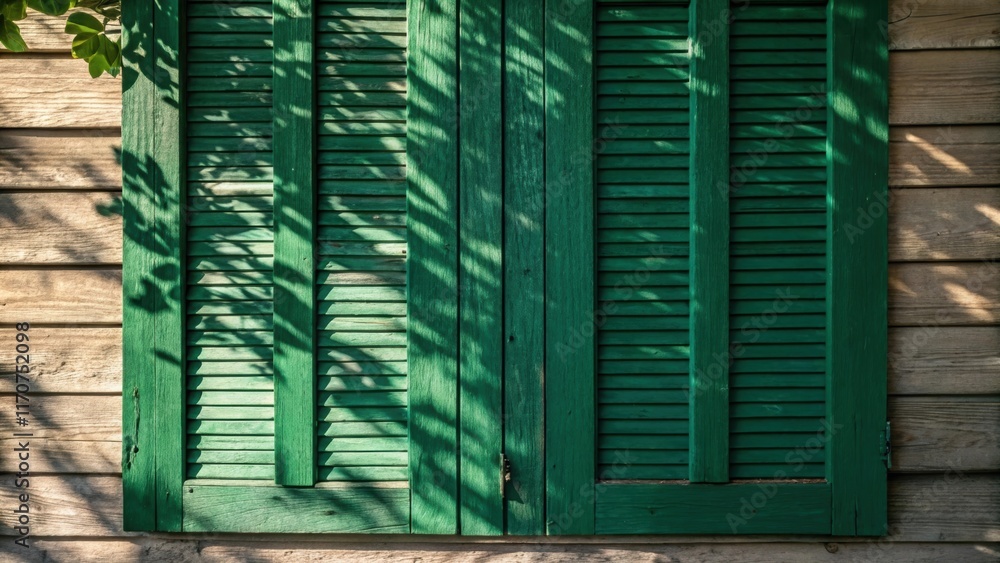 Aufkleber an artistic angle capturing the texture of weathered wood shutters now refurbished with a bold coat 