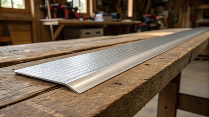 An artistic angle highlighting the textured surface of a newly molded aluminum threshold against the rustic backdrop of the workbench with soft shadows playing across the wood