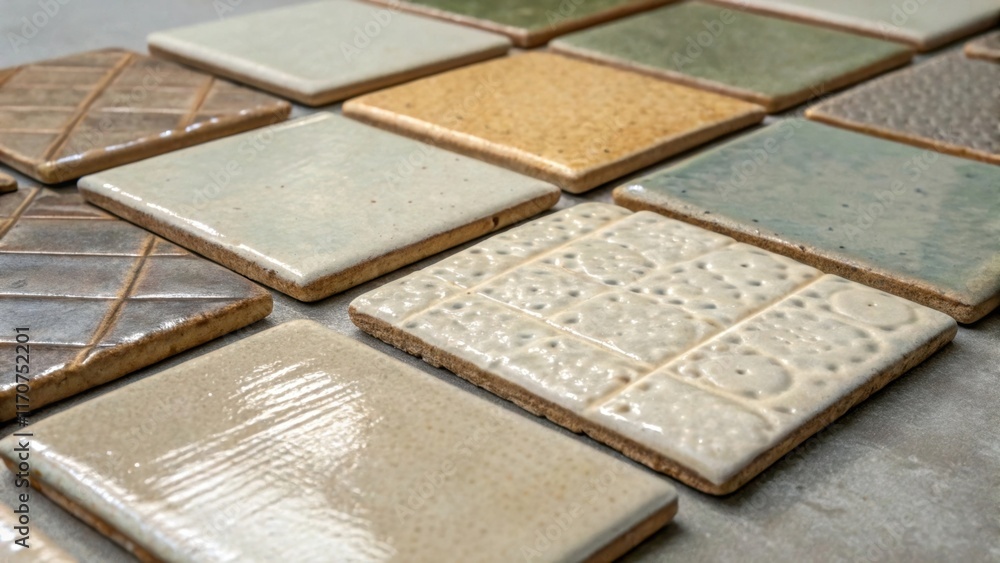 Poster an artistic closeup of handmade ceramic tiles each boasting a unique texture and finish. the placeme