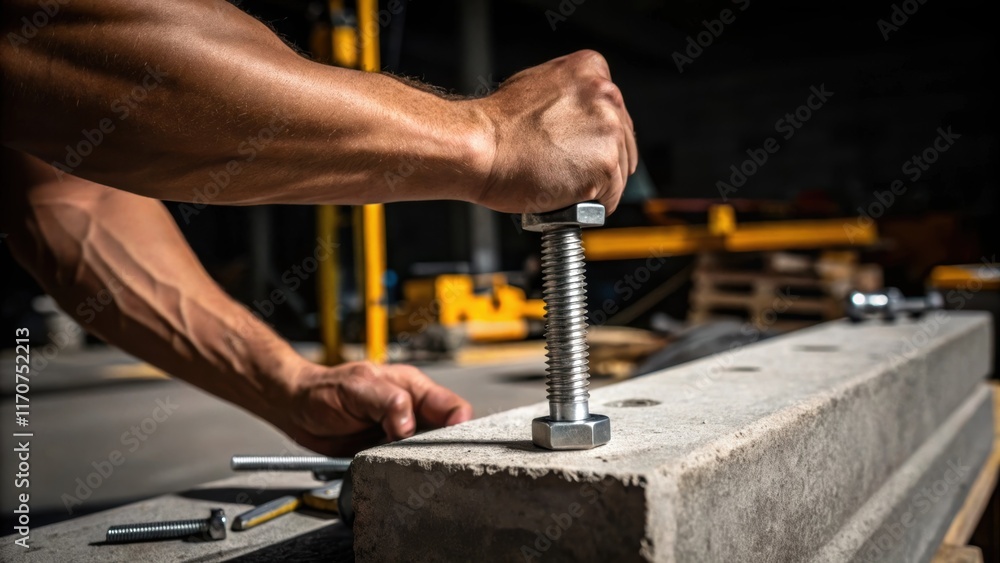 Aufkleber an artistic closeup of a hand tightening a bolt into a concrete anchor showcasing the defined muscle