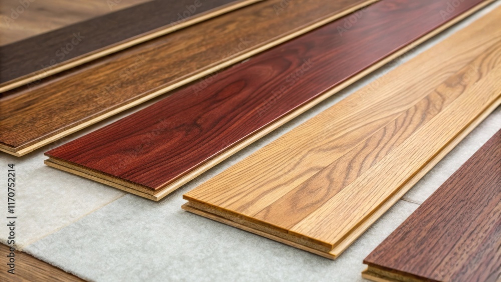 Poster an artistic closeup of several laminate planks showing their edges before installation. the rich col