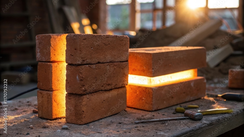 Poster An artistic closeup of two stacked clay bricks with the sun casting a warm glow over them. The light filters through the air creating a luminescent quality on the brick edges. The