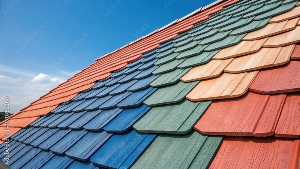 Poster An artistic closeup of synthetic roof shingles designed to mimic traditional styles. The overlapping layers form a striking contrast against the backdrop of a clear blue sky with