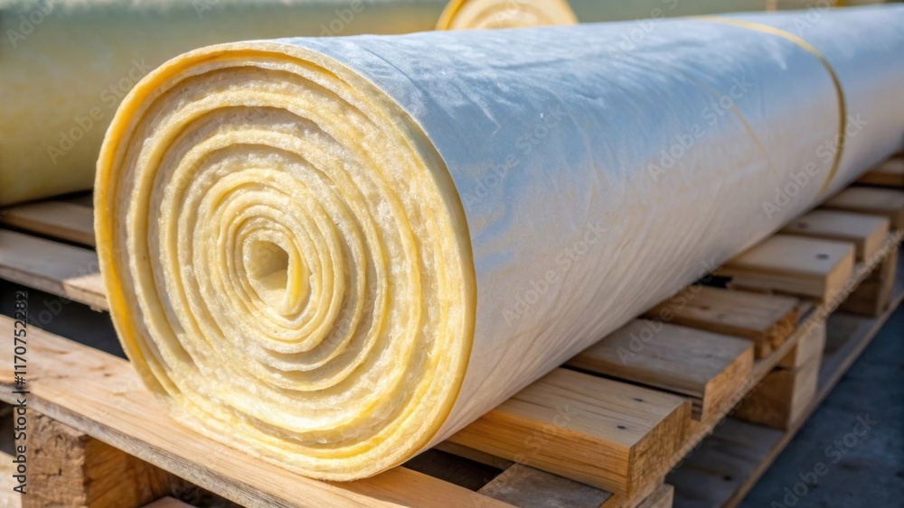 Aufkleber An artistic closeup presents the layers of rolled fiberglass insulation with a slight curl at the edges revealing its soft inner texture. The image captures the interplay of light