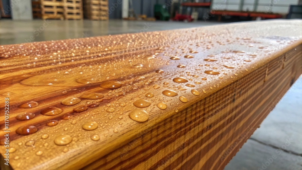 Poster An artistic closeup of water droplets beading on the surface of a crosslaminated timber sheet suggesting the humidity of the environment. The rich colors of the wood are enhanced