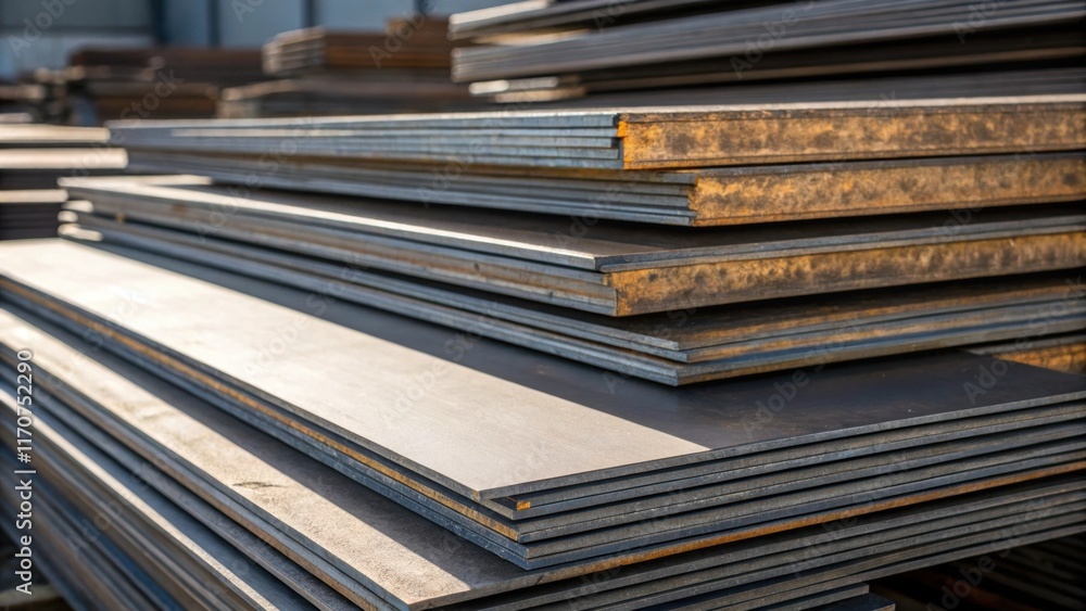 Poster An artistic composition of stacked steel plates each layer leaning at different angles creating a dynamic arrangement. The interplay of light across the varying thicknesses reveals