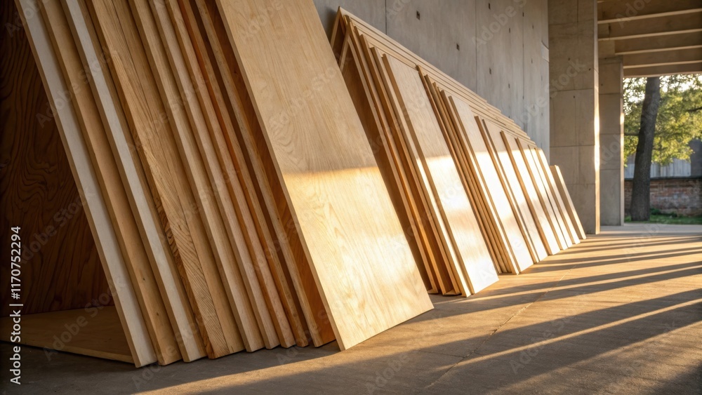Aufkleber An artistic composition showcases a cascade of plywood sheets leaning against one another with pristine edges aligned. The play of light and shadow creates a captivating visual