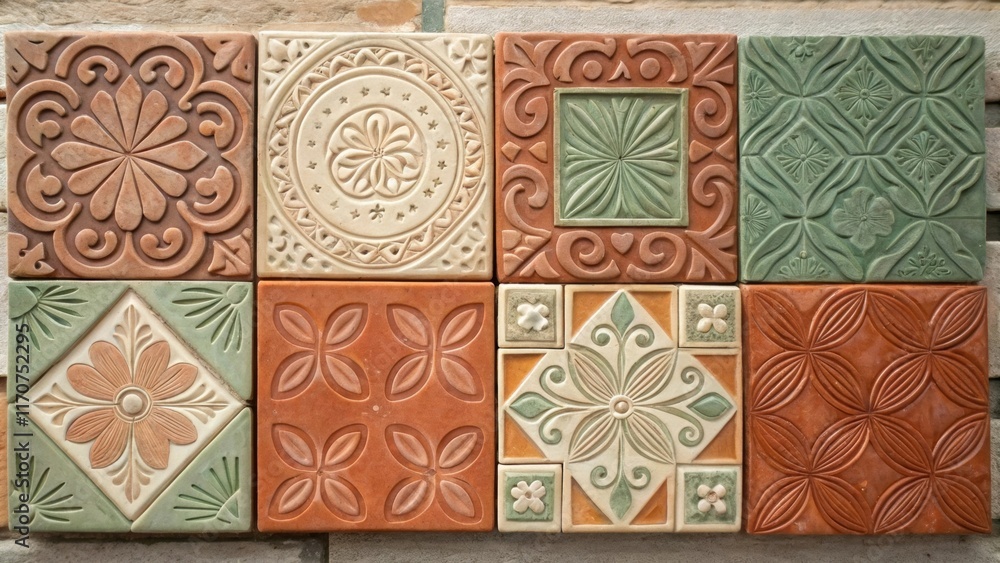 Aufkleber An artistic composition of ceramic tiles forming a mosaic capturing an array of earthy tonesrich terracotta muted greens and soft creams. Each tile shows its unique pattern while