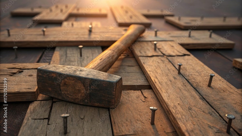 Poster an artistic composition featuring tered hardwood planks arranged like pieces of a puzzle with severa