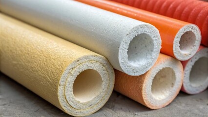 An artistic closeup where the focus is on the ends of the insulation tubes revealing their surfaces. The contrast between the raw exposed foam interiors and the finished colored