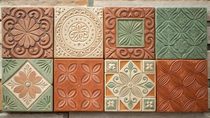 An artistic composition of ceramic tiles forming a mosaic capturing an array of earthy tonesrich terracotta muted greens and soft creams. Each tile shows its unique pattern while