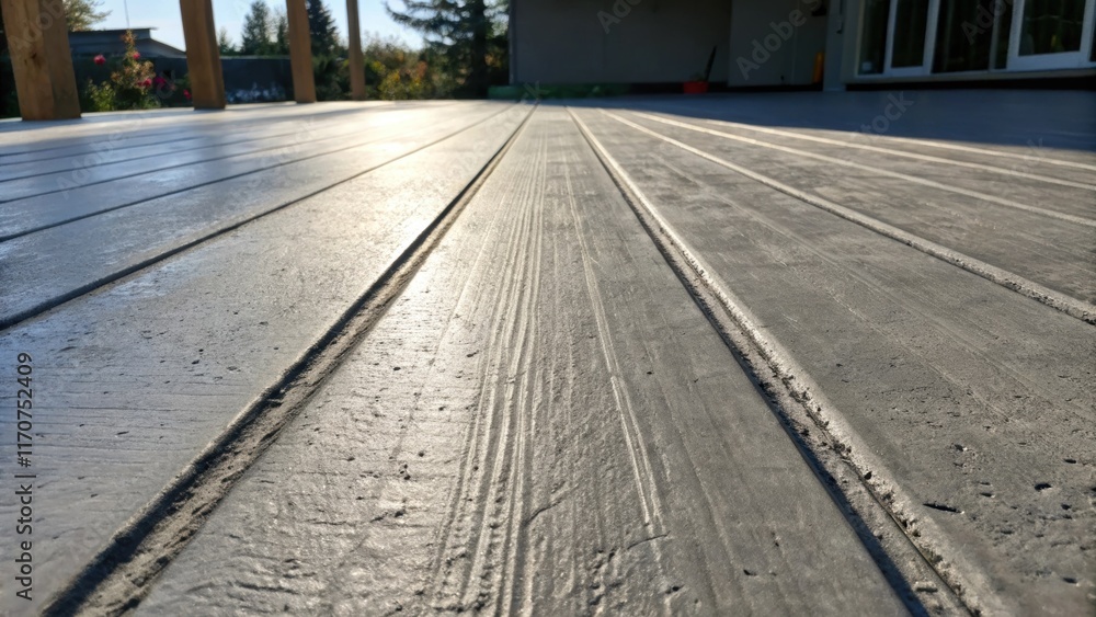 Poster an artistic perspective of the freshly poured concrete surface where the levels and grooves become t