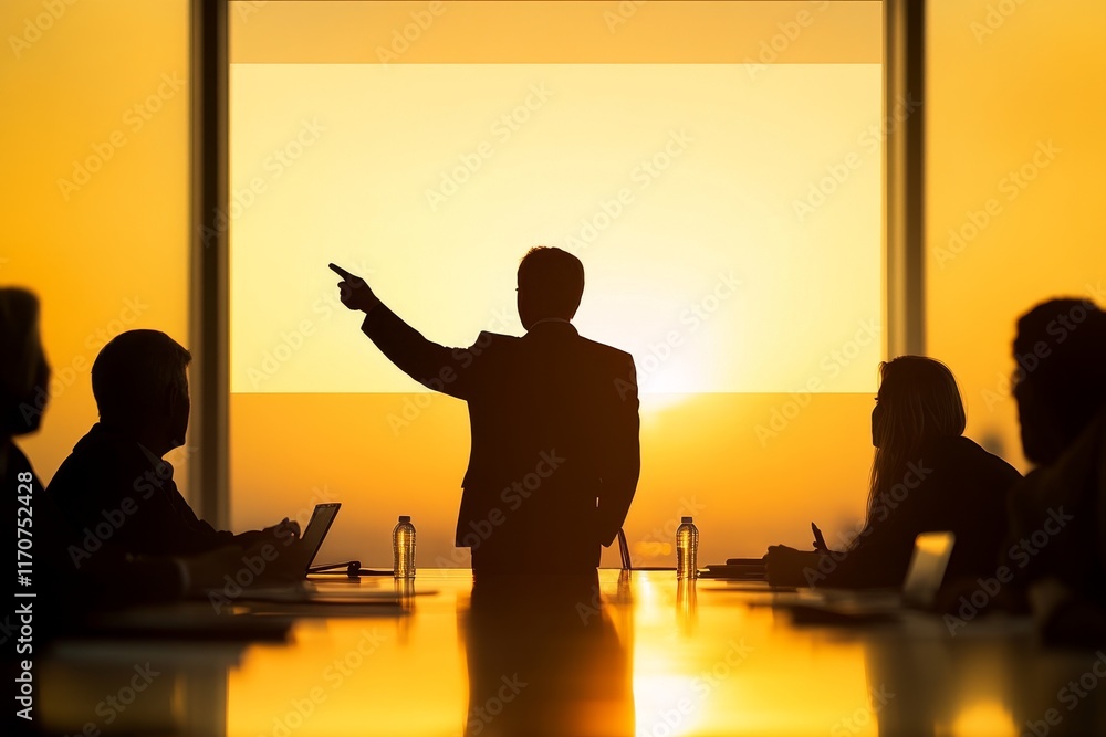 Poster a man is pointing at a screen in front of a group of people