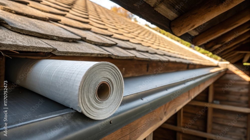Aufkleber An artistic view of the underlayment rolls peeking out from behind the gutter with a backdrop of the roughhewn wooden rafters of the pitched roof. Light plays through the gaps
