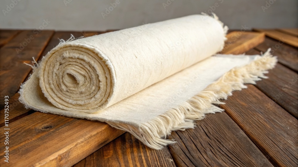 Aufkleber an artistic view of a roll of house wrap resting on a wooden plank with frayed edges spilling over t