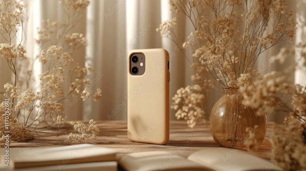 Poster serenity in simplicity showcasing a minimalistic phone case amidst calming dried flowers and soft hu