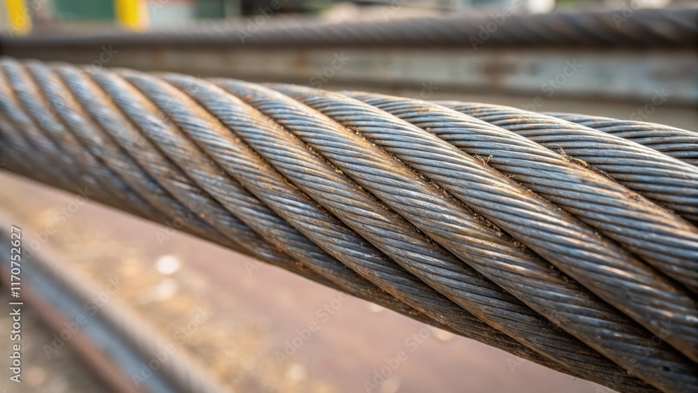 Poster an extreme closeup depicts the steel cables surface showcasing intricate weld marks where the strand