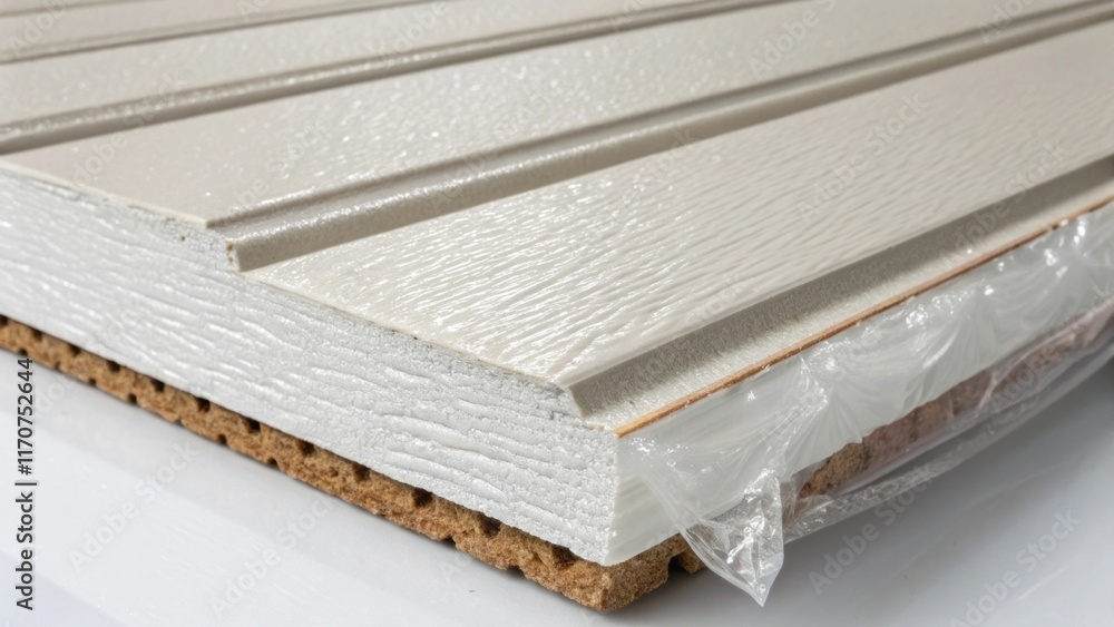 Poster An extreme closeup of a single insulated siding panel highlighting its textured finish designed for durability. Fragments of insulation peek out at the edges while the surrounding