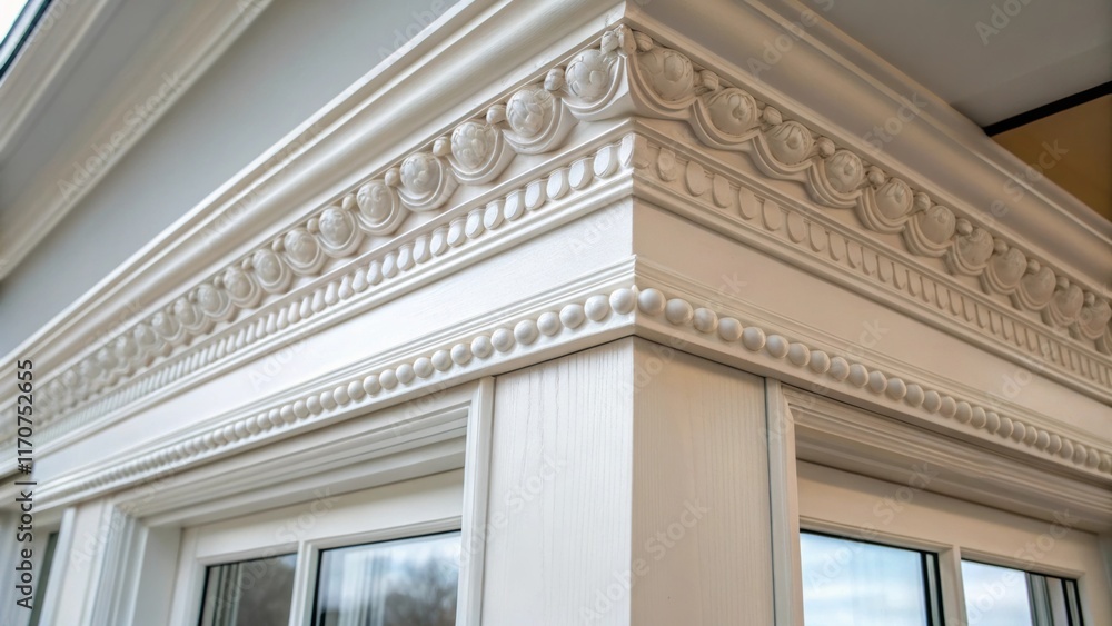 Aufkleber an extreme closeup captures the intricate molding profile of a window casing revealing tiny details 