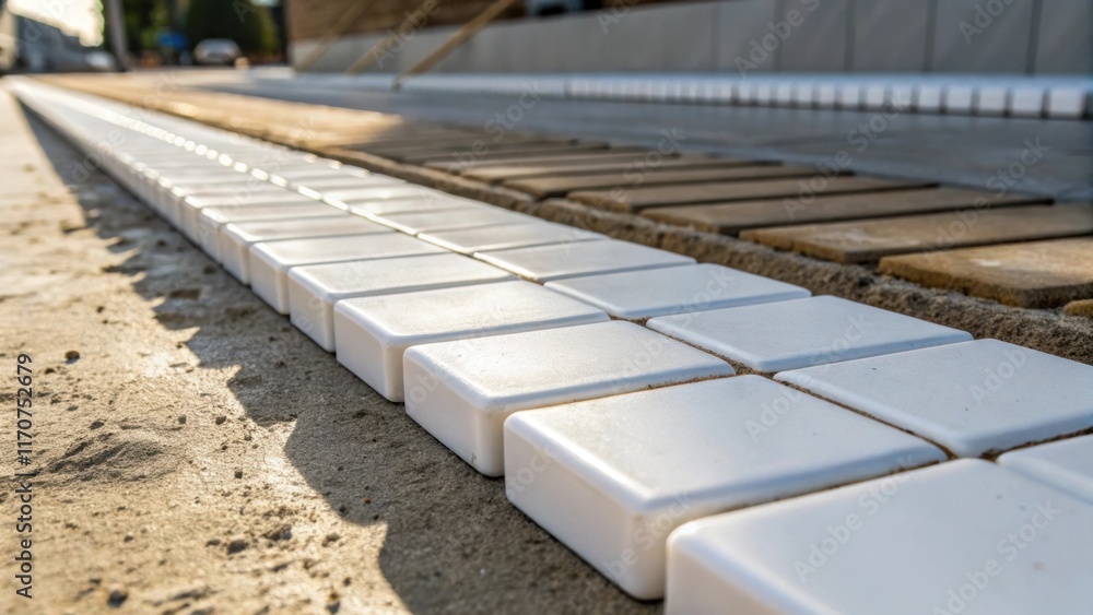 Aufkleber An image capturing a line of evenly spaced white tile spacers just before grout is poured in with specific focus on the juxtaposition between the raw materials and the sleek tiles.