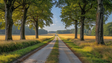Empty road amidst golden fields and trees.