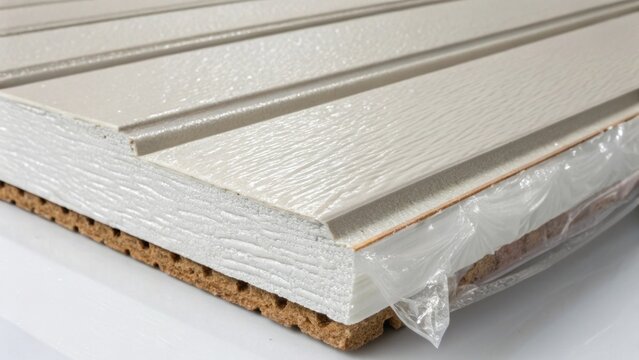 An extreme closeup of a single insulated siding panel highlighting its textured finish designed for durability. Fragments of insulation peek out at the edges while the surrounding