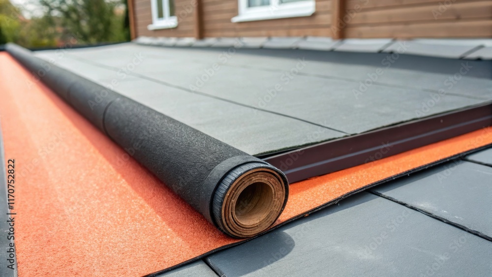 Poster an image focusing on the seam where the rolled roofing felt meets the newly installed flat roof. the