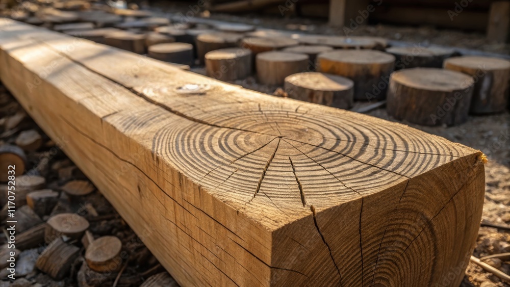 Poster an image focusing on the intricate patterns formed by knots and rings in a large sanded beam surroun