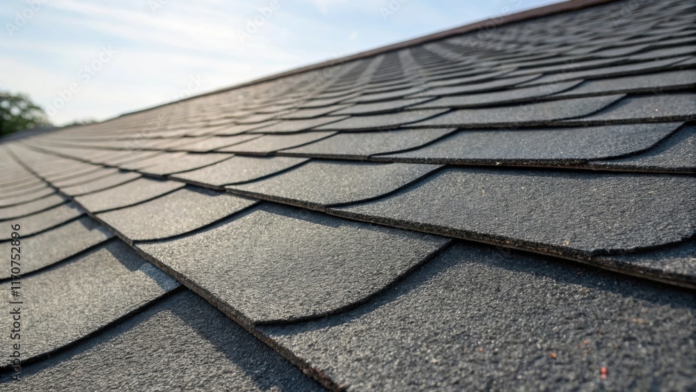 Poster an image that explores the visual dynamics of asphalt shingles as they cascade down a roofline. the 