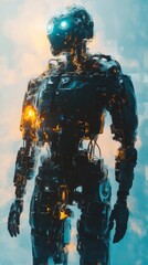 Naklejka premium A robot with a glowing yellow light on its chest