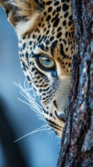 Fototapeta premium Leopard peering from behind a tree trunk