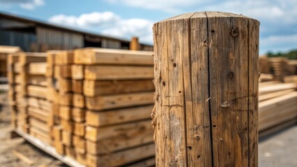An image focusing on the texture of a rustic wooden post weathered by time adorned with scratches and faded knots. Surrounding it are fresh lumber stacked neatly hinting at the