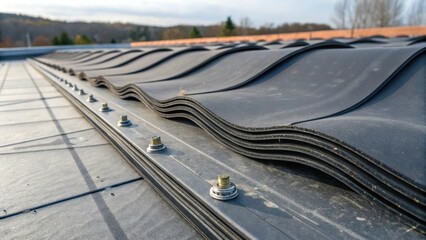 Fototapeta premium An intimate look at a close connection between the flat roof membrane layers as they overlap slightly on a laidout surface capturing the intricate patterns created by the factory