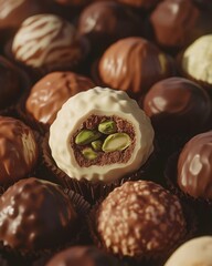 An assortment of delicious chocolate truffles featuring a creamy pistachio filling, inviting and...